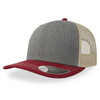 A grey and maroon trucker cap with a mesh back and a curved brim. It features a logo on the front. A grey and maroon trucker cap with a mesh back and a curved brim. It features a logo on the front.