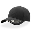 A black cap with a curved brim and a contrasting underside, featuring a logo on the side.