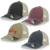 Four trucker caps in various colours: grey, burgundy, beige, and blue, each with a logo. Four trucker caps in various colours: grey, burgundy, beige, and blue, each with a logo.