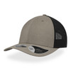 A cap featuring a beige front and black mesh back, with a curved visor and an attached logo on the side.