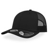 A black cap with a mesh back and a curved brim, featuring a logo on the side. A black cap with a mesh back and a curved brim, featuring a logo on the side.