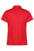 A vibrant red polo shirt featuring a classic collar and short sleeves, with a logo on the back.