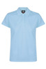 A light blue women's polo shirt with a classic collar and a fitted design. The shirt features a logo.