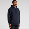 A navy blue hoodie with a front pocket and a large hood appears on a model. It features a logo on the chest.