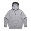 A grey hoodie featuring a front pocket and a drawstring hood, with a logo on the front.