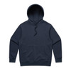 A navy blue hoodie with a front pocket and an adjustable hood. The hoodie has a logo on it.