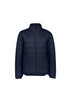 A navy puffer jacket featuring a zip front, high collar, and side pockets, with a logo on the upper left.