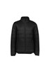 A black puffer jacket with a zip front and raised collar, featuring a logo on the chest.