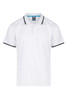 A white polo shirt with black trim and a logo on the label.