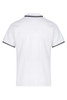 A white polo shirt with contrasting trim and a logo, featuring a classic short-sleeve design.
