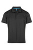 A black polo shirt with a collared neckline and button placket, featuring a logo on the chest.