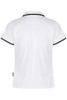 A white polo shirt with black trim and a logo. The shirt features a classic collar and short sleeves.
