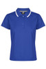 A blue polo shirt with a white collar and sleeve details, featuring a logo on the upper part.