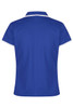 A blue polo shirt with a white collar and trim, featuring a logo on the back.