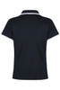A navy polo shirt with a collar and contrasting white accents, featuring a branding logo.