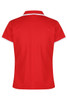 A red polo shirt with a white collar and sleeve detailing, featuring a logo on the front.