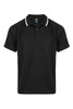 A black polo shirt featuring contrasting white details, designed for men. It has a logo on the collar.