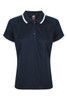 A navy blue polo shirt with a collar, featuring white trim and a logo on the chest area.