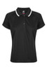 A black polo shirt featuring a collared neck and contrasting trim, designed for women. It includes a logo on the chest area.