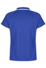 A blue polo shirt featuring a round collar and a simple design, with contrasting trim. It has a logo on the design.