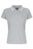 A light grey polo shirt with white accents and a logo on the collar. Short-sleeved design for a casual look.