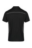 A black polo shirt featuring contrast piping along the seams and a logo on the front.