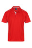 A red polo shirt with white detailing and a collar, featuring branding on the chest.