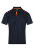 A navy blue polo shirt featuring orange accents and a collar. The shirt has a logo on it.