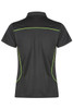 A black polo shirt with contrasting green accents and a logo. Designed for women's fit.