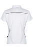 A white polo shirt featuring a fitted design with black piping and a logo at the hem.
