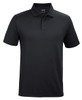 A black polo shirt featuring a classic collar and a three-button placket, with a logo on the chest.