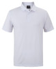 A white polo shirt featuring a collar, short sleeves, and a logo on the chest.
