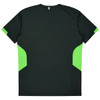 A black and bright green children's T-shirt featuring a logo on the back.