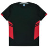 A black t-shirt with red accents on the sides and a logo on the collar. Ideal for kids.