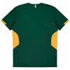 A green T-shirt with yellow side panels and a logo on the back. Suitable for kids.