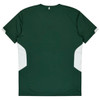 A dark green kids' T-shirt with white panels on the sides, featuring a logo on the back.