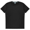 A black t-shirt featuring a sleek design with subtle detailing and a logo. Ideal for active wear.