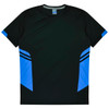 A black and blue T-shirt featuring a logo, designed for kids and promoting active wear.