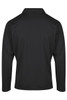A black polo shirt with long sleeves, featuring a collar and a logo. The back view is displayed.
