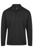 A long-sleeve black polo shirt featuring a collar and a button placket, with a logo present.