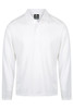 A white long-sleeve polo shirt featuring a collar and a logo. Suitable for casual wear or active use.