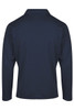 A navy blue men's polo shirt with long sleeves and a collar, featuring a branding logo.