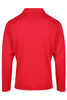 A red long-sleeve polo shirt with a collar, featuring a plain design and a branding logo on the side.