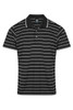 A black and white striped polo shirt with a collar, featuring a logo on the chest.