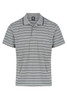 A grey striped polo shirt featuring a collar and short sleeves, with a logo on the label.