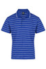 A blue and white striped polo shirt featuring a branded logo on the chest.