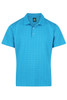 A vibrant blue polo shirt with a subtle pattern and a collar, featuring a logo on the chest.