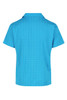 A blue polo shirt featuring a textured pattern and a collar, with a logo on the side.