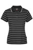 A black and white striped polo shirt featuring a collar and short sleeves, with a logo on the side.
