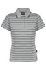 A grey polo shirt with horizontal stripes, a collar, and a logo on the chest. Features short sleeves and buttons.